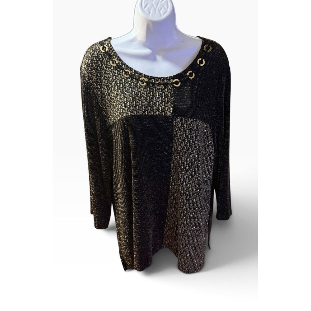 Alfred Dunner XL Metallic Gold Black Color Block O-Ring Long Sleeve Tunic Top